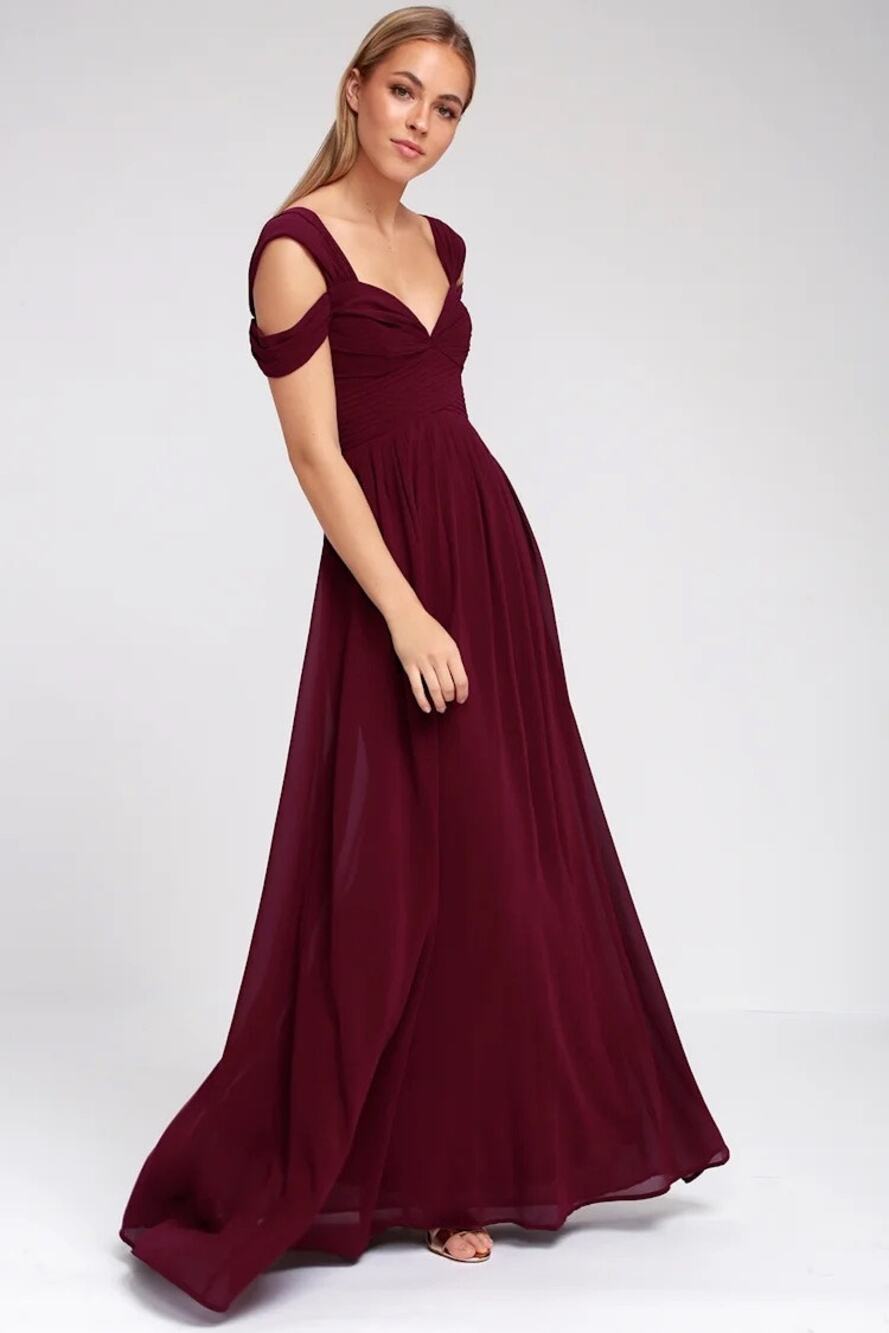 Lulus Make Me Move Burgundy Maxi Dress gown off the shoulder double strap